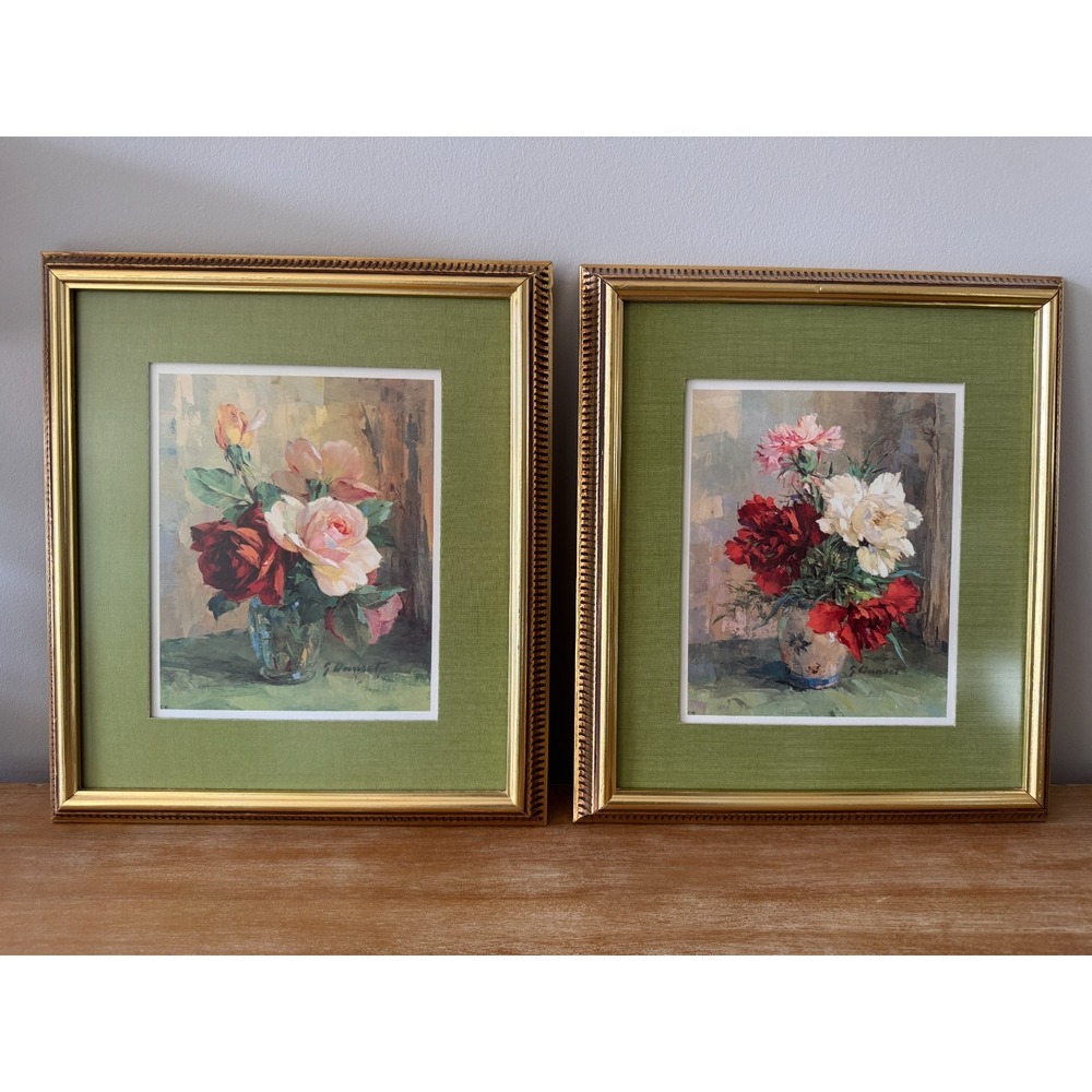Pair of Vintage 90's George Danset Floral Still Life Prints Matted in Green Silk